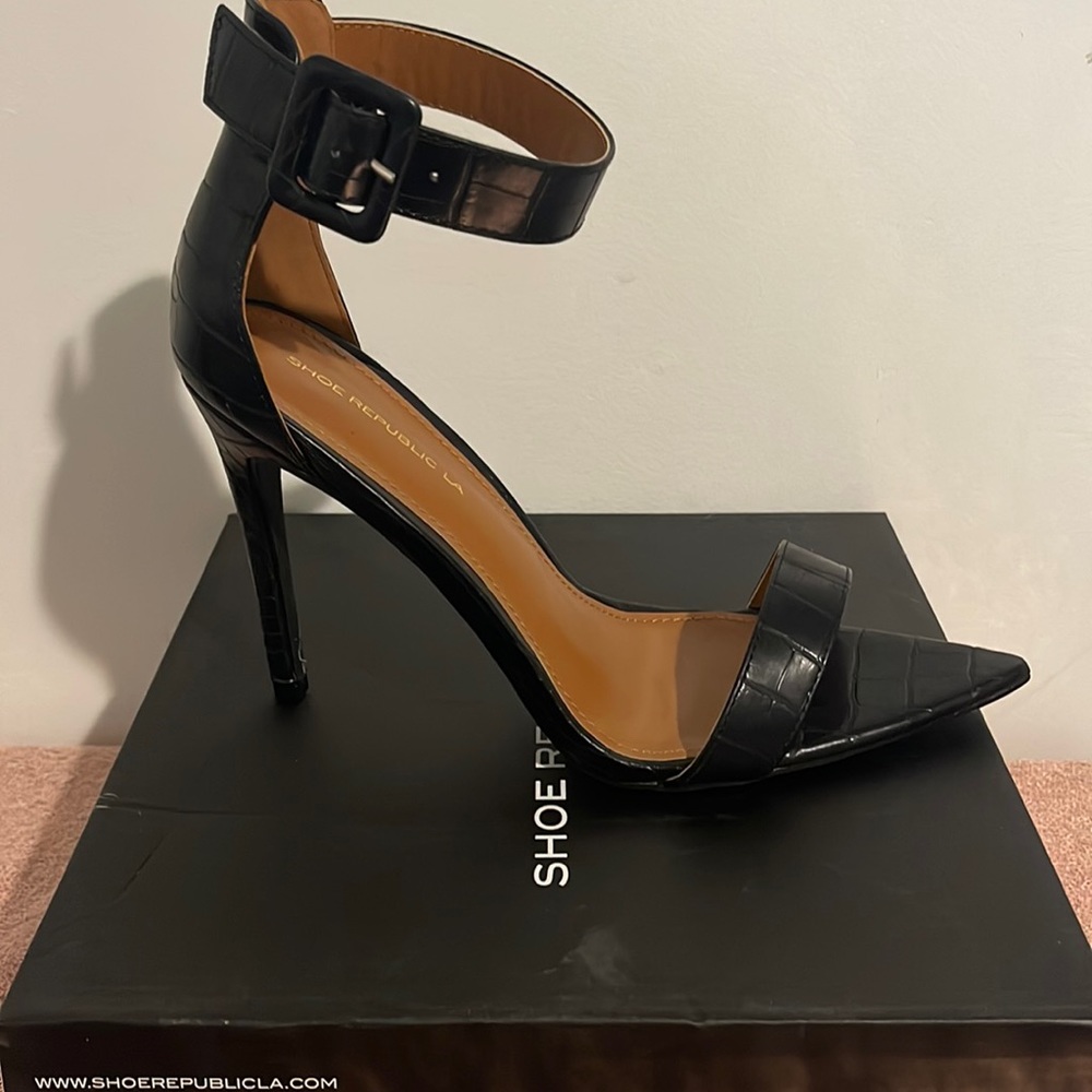 Wayout Black Croc / Snake Pattern Ankle Strap Heels